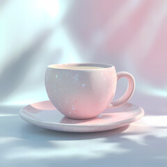 Fototapeta premium Elegant pink ceramic cup with saucer on a soft surface illuminated by gentle light. Generative AI