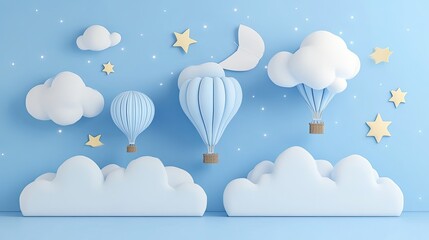 Whimsical 3D render of pastel blue air balloons clustered and floating in a dreamy minimalist blue studio