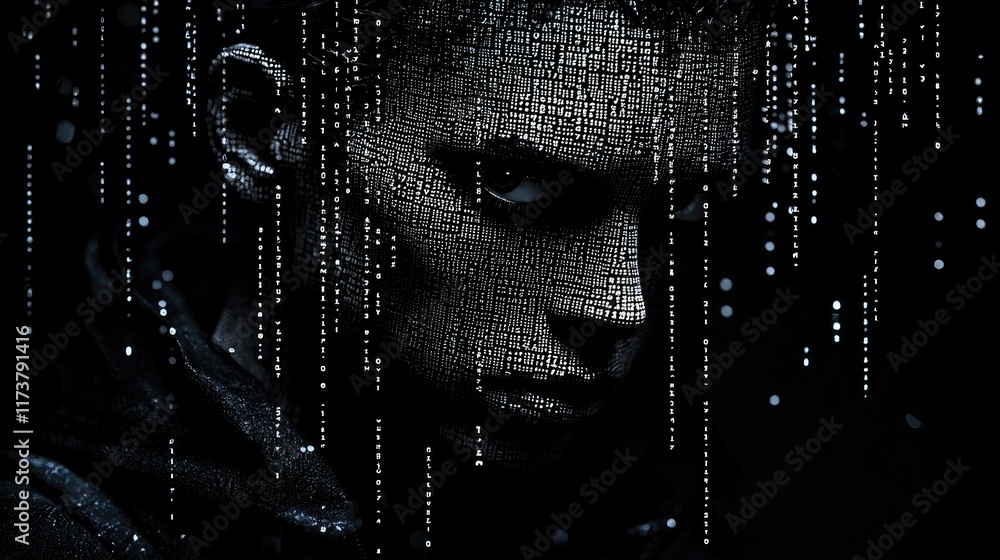Poster close-up portrait of a person's face, composed of digital code, with falling code streams in the bac