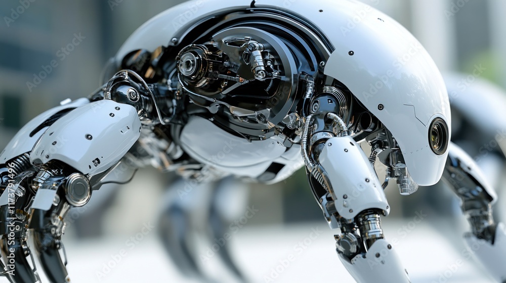 Poster a white and black quadrupedal robot with exposed mechanics bends low to the ground. potential applic