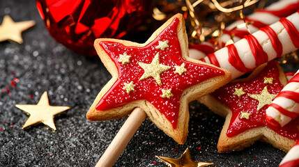 Festive star-shaped cookies decorated with red icing and golden stars, accompanied by striped candy canes and shiny ornaments, set against a dark background.