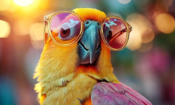 A stylish sun conure parrot wearing round, amber-framed sunglasses.