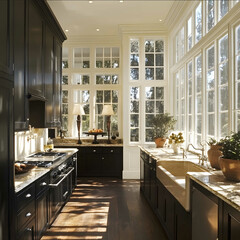 kitchen with black cabinets tan granite countertops dark wood floors white walls with white window panes and a lot of windows and light