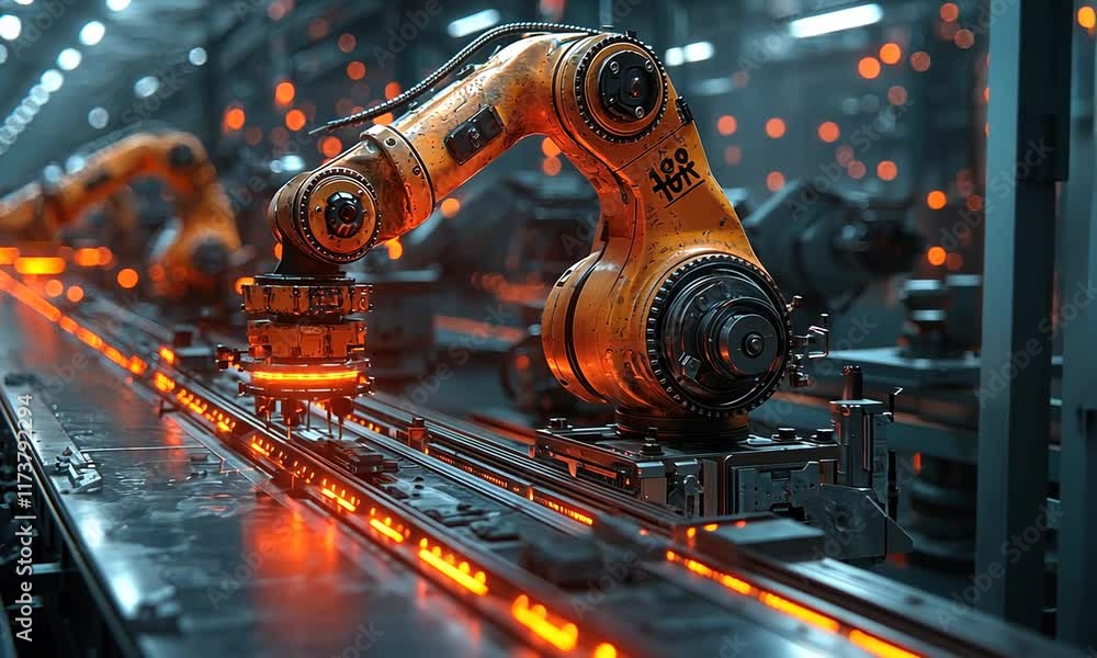 Poster orange robotic arm on an automated assembly line