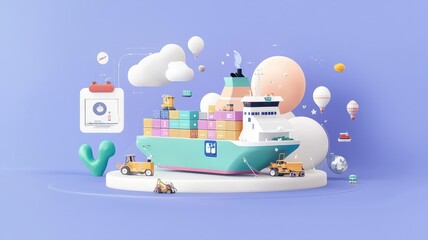 Obraz premium cargo management and shipment concept. Colorful 3D illustration of a cargo ship surrounded by clouds and balloons on a pastel background.