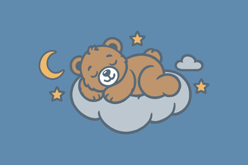 Adorable teddy bear sleeping on a cloud in pastel blue color for baby design	