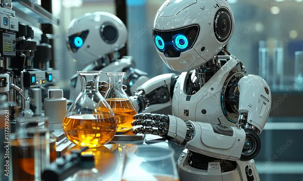 Aufkleber two futuristic robots conduct a scientific experiment in a high-tech laboratory.
