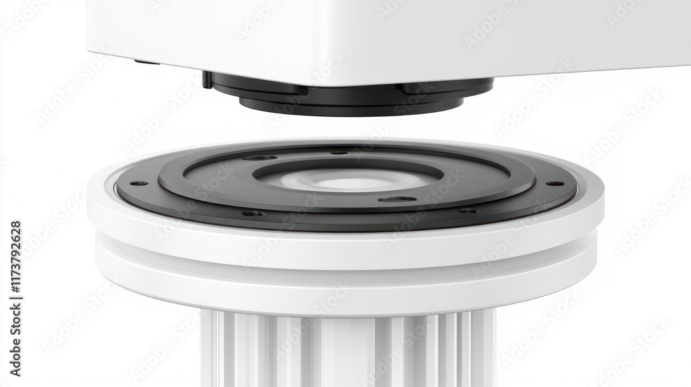 Poster a white robotic arm component with black adapter rings connects to a fluted column base. ideal for p