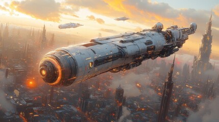 A futuristic spaceship soaring over a sprawling urban landscape at sunset.