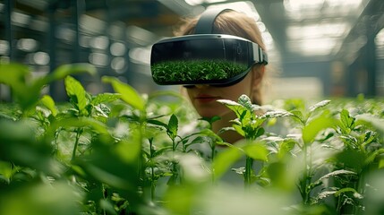 Woman Using Virtual Reality Headset in Greenhouse with Plants