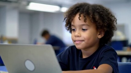 A young boy is sitting at a desk with a laptop in front of her. He is focused on his work