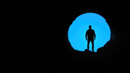 Silhouette of a man standing in a dark cave, illuminated by a bright blue circle.