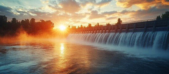 Majestic Dam Sunset: A Breathtaking Panorama of Nature's Power and Golden Hour Serenity