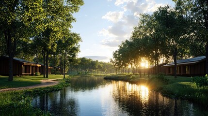 Tranquil lakeside cabins surrounded by lush greenery at sunrise