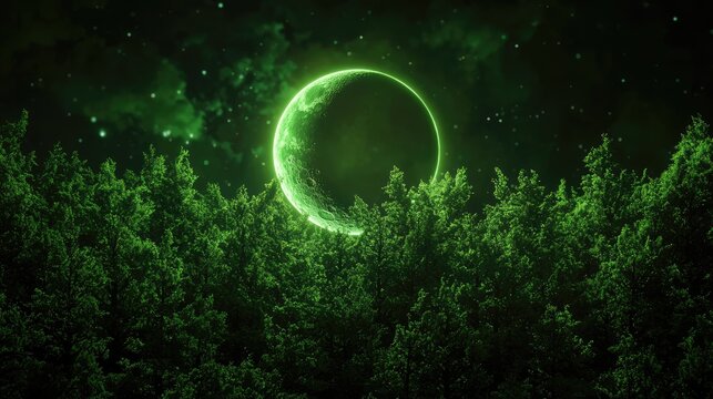 Enigmatic Green Moon Over Lush Forest Displaying Celestial Beauty