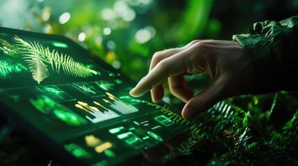 Hand Interacting with Digital Interface in Lush Green Environment