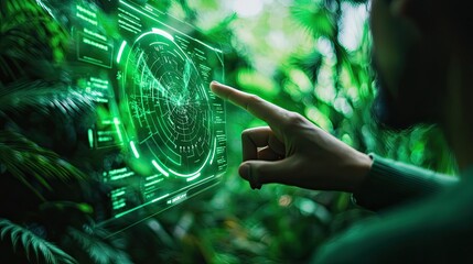 Man Interacting with Futuristic Digital Interface in Lush Greenery