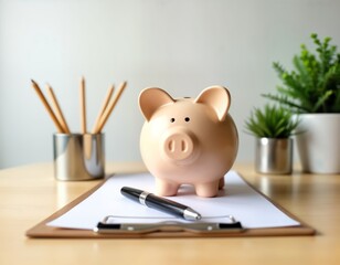 Piggy bank sits on clipboard with pen ready for financial guidance. Personal finance, financial coach ready to help achieve financial success. Desk setup for advice, planning. Focused on wealth