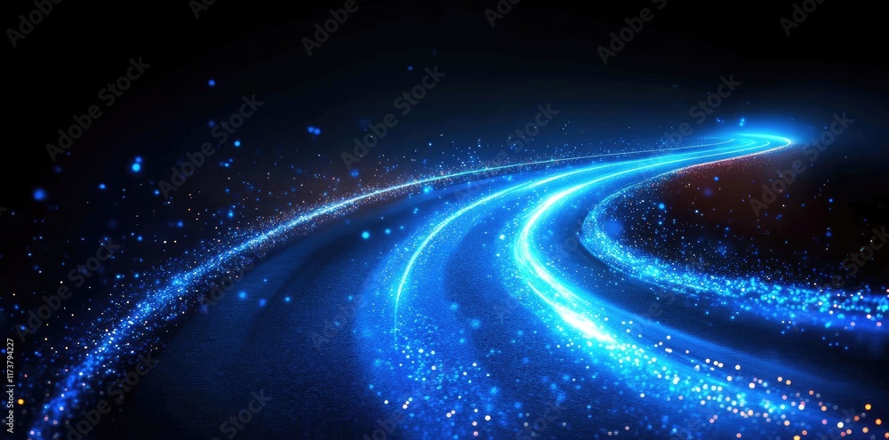 Poster a blue glowing light path with stars on a dark background, featuring a trail of lights and stardust,