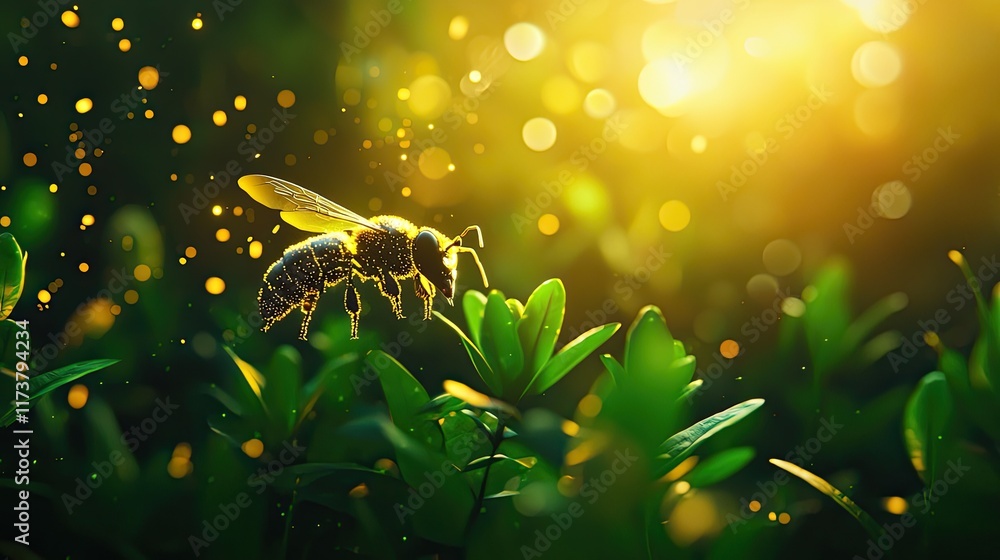 Poster bee collecting pollen in sunlit garden with soft bokeh background