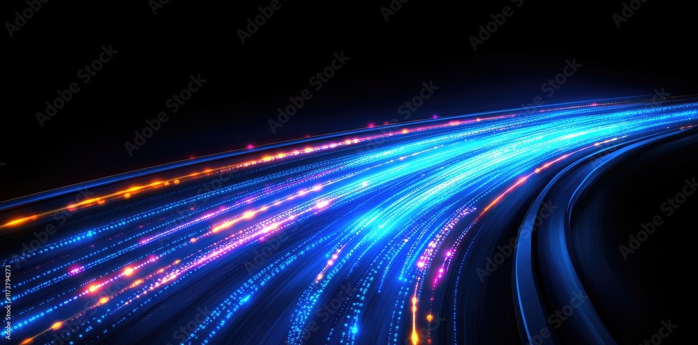 Poster abstract background with blue and orange light streaks of fiber optic cables moving rapidly on a bla