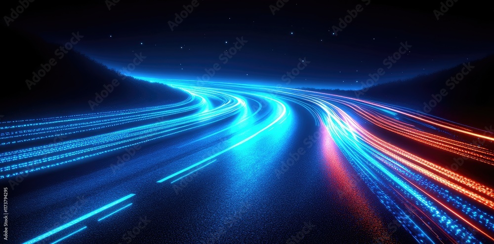 Poster Abstract digital road with blue and red light trails on a dark background, symbolizing fast internet speed in motion. Ideal for technology and innovation concepts