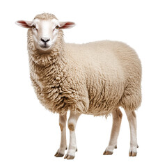 Fototapeta premium Smiling Sheep: A striking portrait of a sheep against a simple backdrop, exuding warmth and a curious charm. Its thick fleece appears inviting. A close-up captured that pure, pastoral feel.
