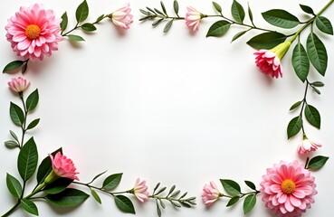 Fototapeta premium Pink flowers arranged in decorative frame on white background. Beautiful floral arrangement for card gift. Fresh flowers create lovely spring summer aesthetic. Overhead view delicate details of