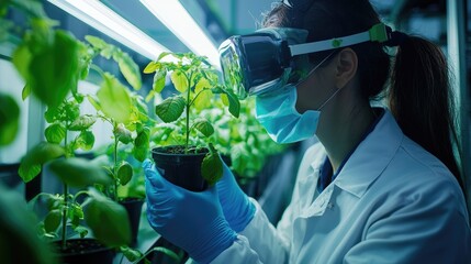 Scientist Caring for Green Plants in Laboratory with Grow Lights