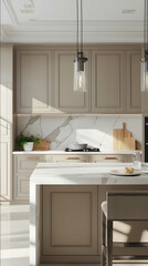 Create a warm and natural kitchen design featuring cabinets in RAL 1019 Gray Beige and a countertop with white marblelike patterns and subtle grey veins The design sho