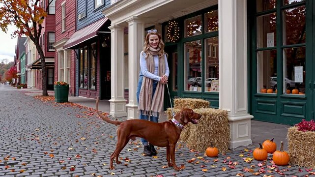 Woman and Dog Explore Historic Streets