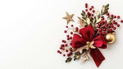 Festive Christmas arrangement with red berries, gold star, and burgundy bow on white background.