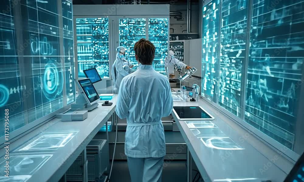 Poster scientist in futuristic lab with glowing data screens