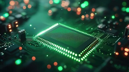 Obraz premium Close-Up of Green Circuit Board with Microchip and Digital Lights