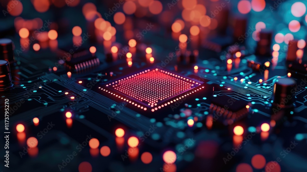Poster close-up of circuit board with colorful lights and microchip detail