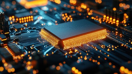 Abstract Technology Circuit Board with Glowing Components and Lights