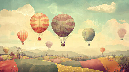 Vintage Hot Air Balloon Dreams: A whimsical vintage illustration of hot air balloons soaring over a vibrant landscape, evoking a sense of wonder, freedom, and the pursuit of dreams.