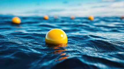 Bright Yellow Buoys Floating on Calm Blue Ocean Waves Under Sky