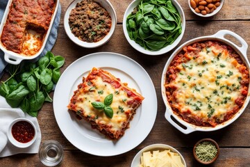 Mouthwatering spinach lasagna, layered with creamy cheese, presented on rustic table. Surrounded by fresh veggies and herbs, perfect for enticing food photography and culinary displays.