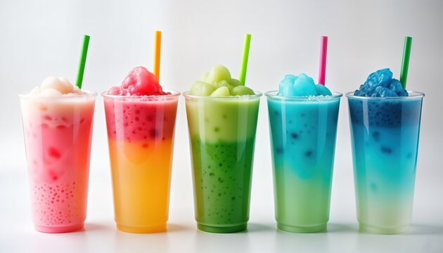 Colorful frozen slushies in plastic cups. Rainbow drinks with pink, green, and blue layers. Refreshing drinks with straws. Perfect for summer. Cool summer drinks on a white background.