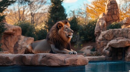 Obraz premium Majestic male lion resting on rock near water, zoo habitat.