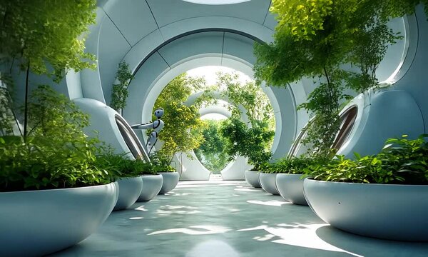 Futuristic Biophilic Corridor with White Robots and Lush Greenery