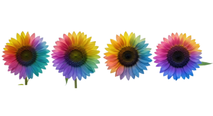Close-up of a rainbow-colored sunflower isolated on transparent background, png.