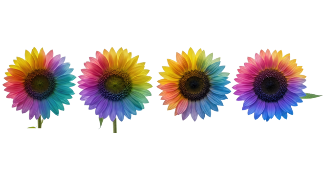 Close-up of a rainbow-colored sunflower isolated on transparent background, png.