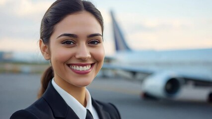 A professional pilot woman stands at the airport, smiling confidently while an aircraft prepares for departure