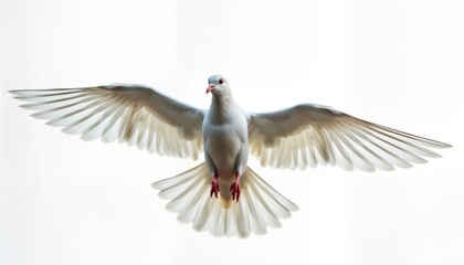 Obraz premium White dove soaring in sky. Pure white bird spreading wings. Beautiful image of flight, freedom. Symbol of peace, hope. Perfect for various concepts like peace religion spiritual themes. Isolated on