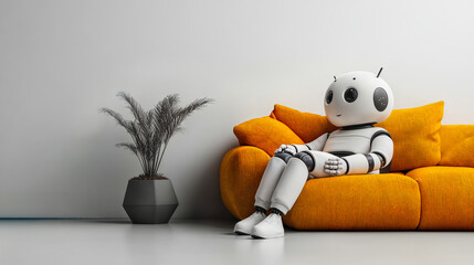 AI-Driven Mental Health Support Bot on Couch in Home Setting for Emotional Wellness