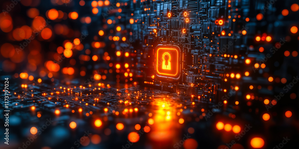 Poster cybersecurity technology with glowing lock symbol representing data security and privacy