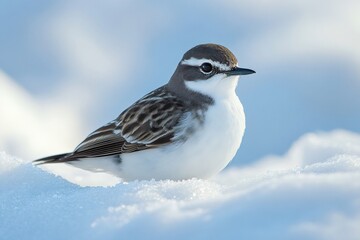 Obraz premium Water pipit perching on snow during winter