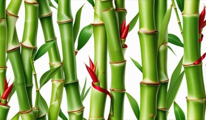 Obraz premium A dense grove of tall, slender bamboo stalks bathed in warm sunlight, creating a serene and tranquil scene.